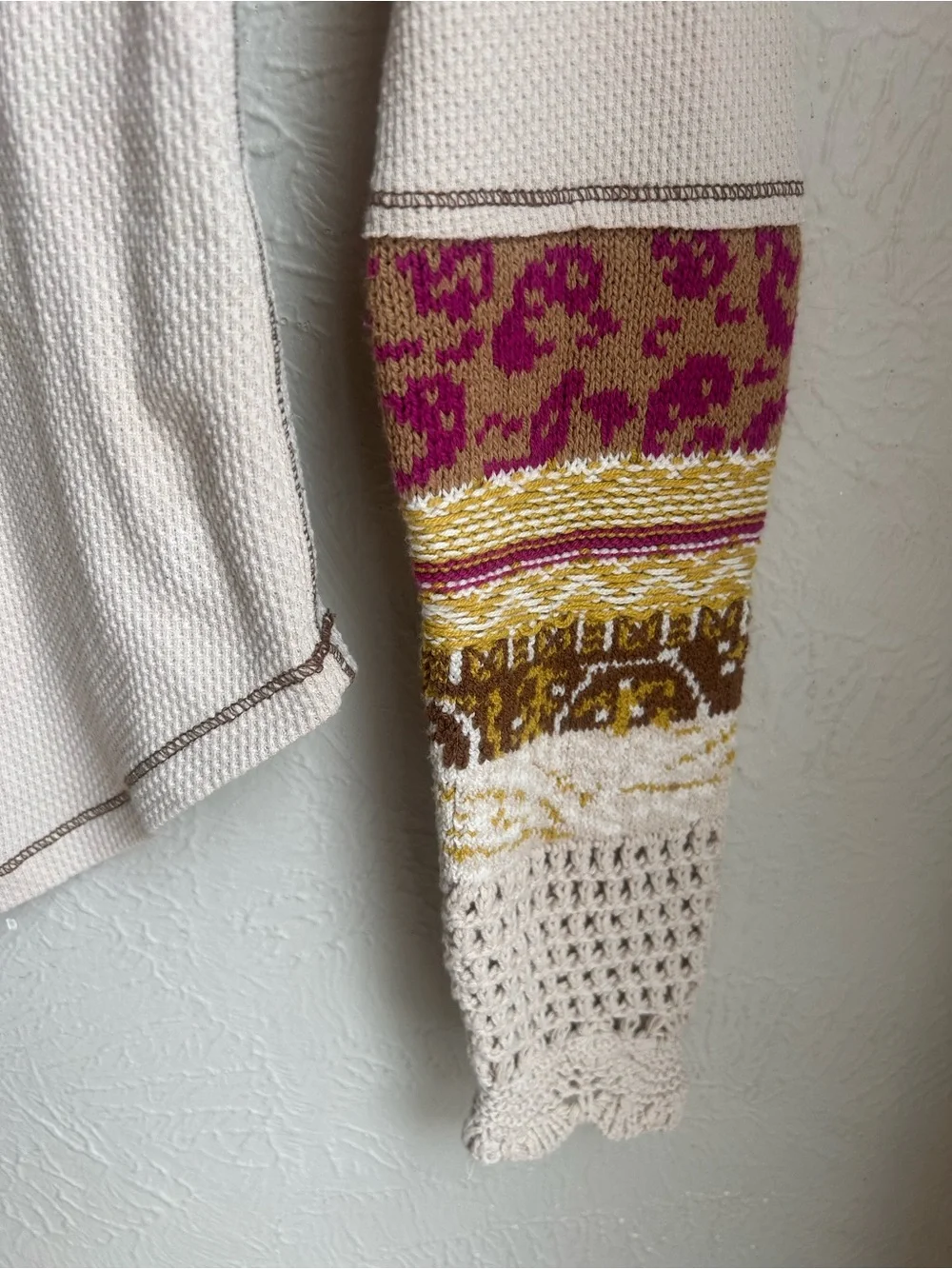NFS Free People In The Mix Cuff Thermal Top Cream Linen Combo Knit Sz Small